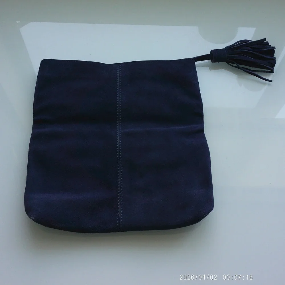 Leith Nordstrom 100% Leather Suede Boho Tassel Foldover Zipper Clutch OS Blue